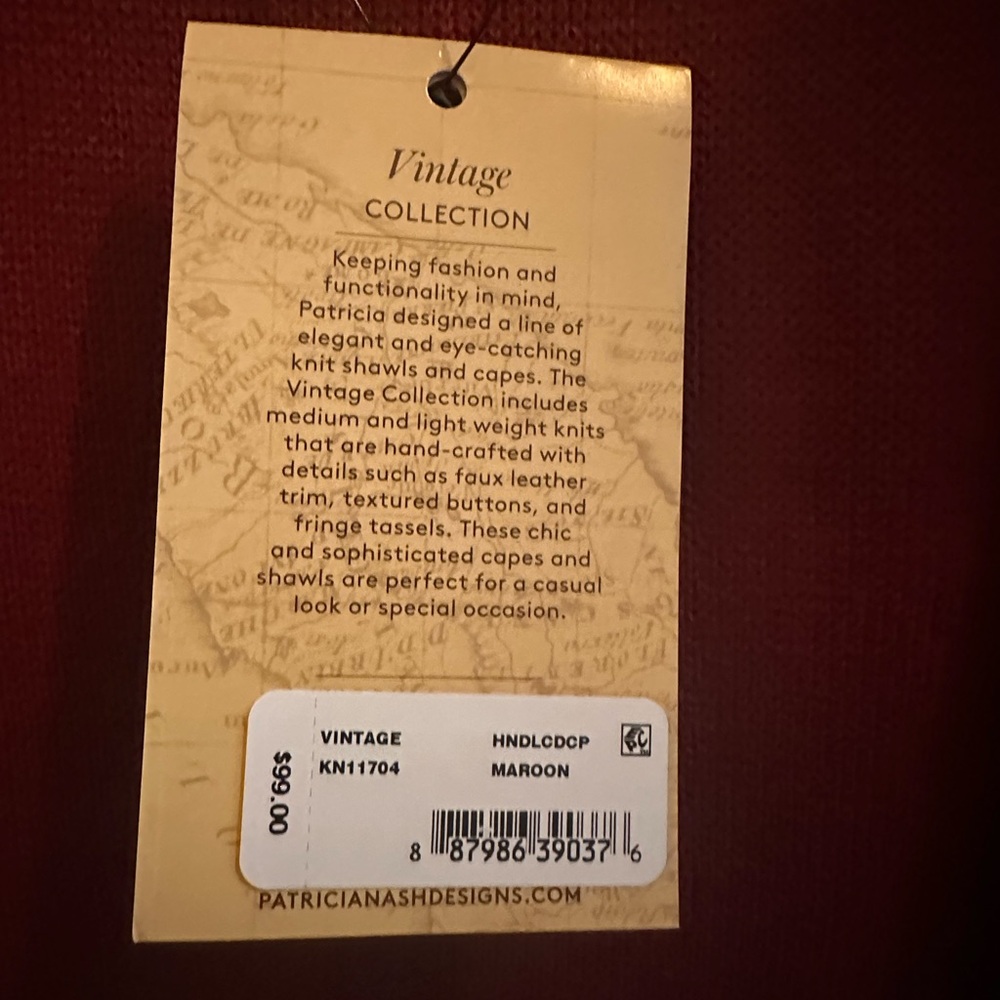 Patricia Nash Maroon Hand Laced Open Sleeve Cape New One Size - Picture 12 of 16